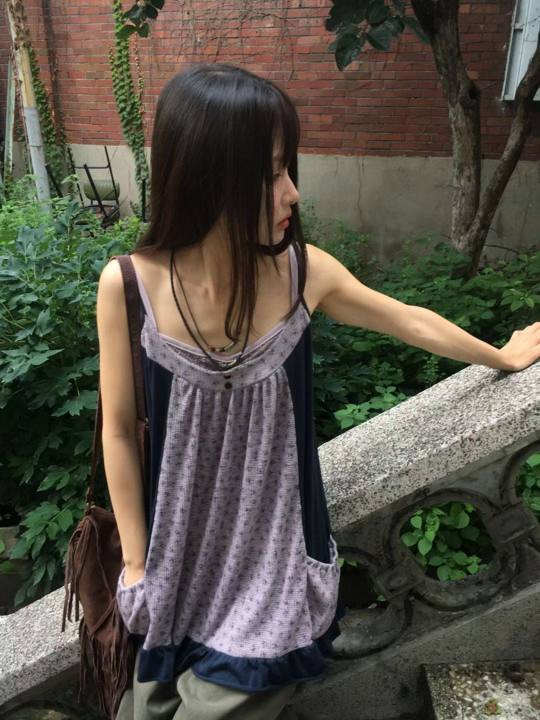 田園復古碎花拼接吊帶裙