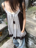 田園復古碎花拼接吊帶裙