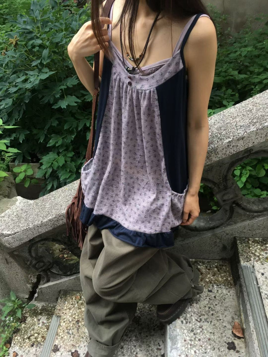 田園復古碎花拼接吊帶裙