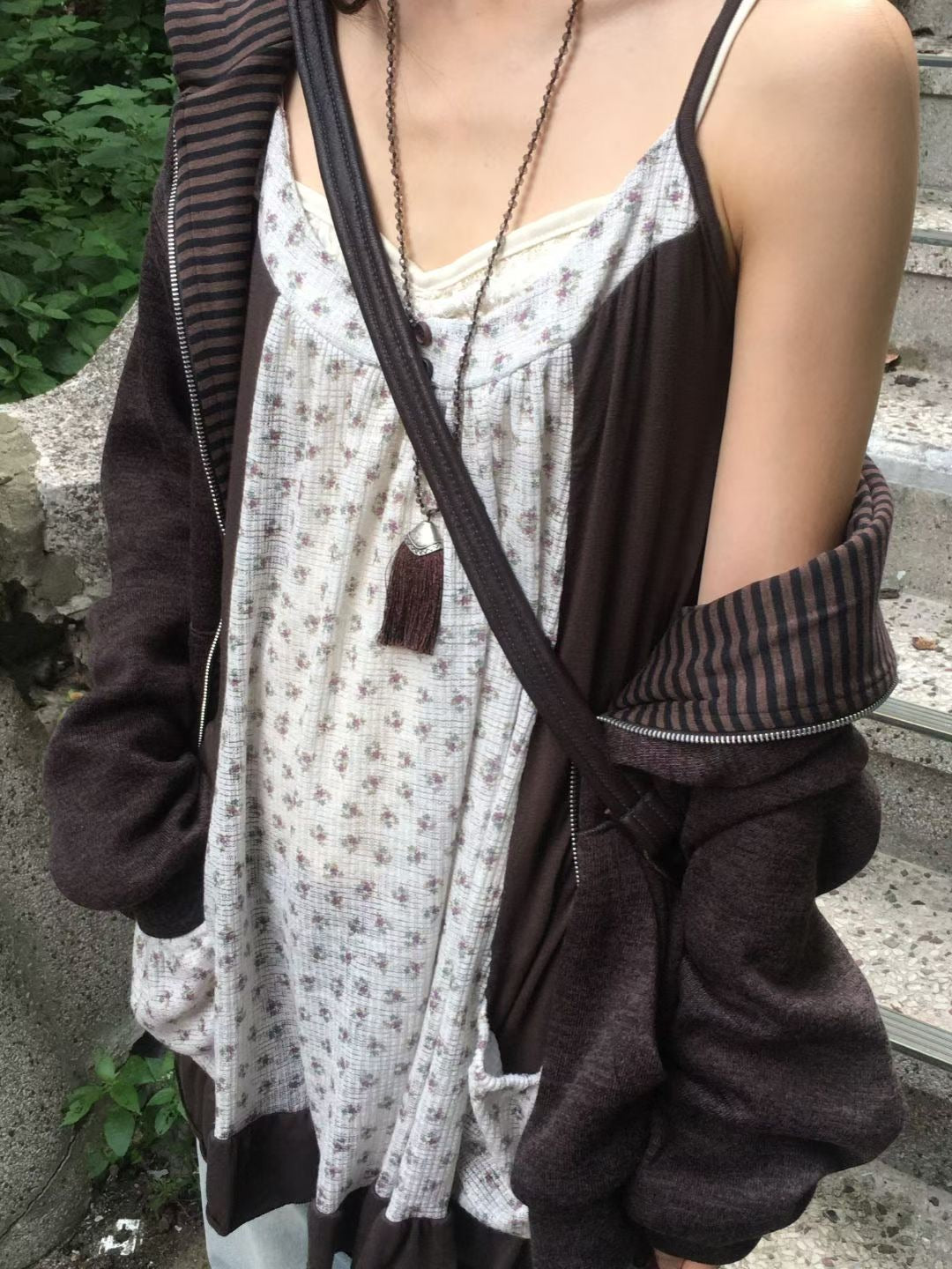 田園復古碎花拼接吊帶裙
