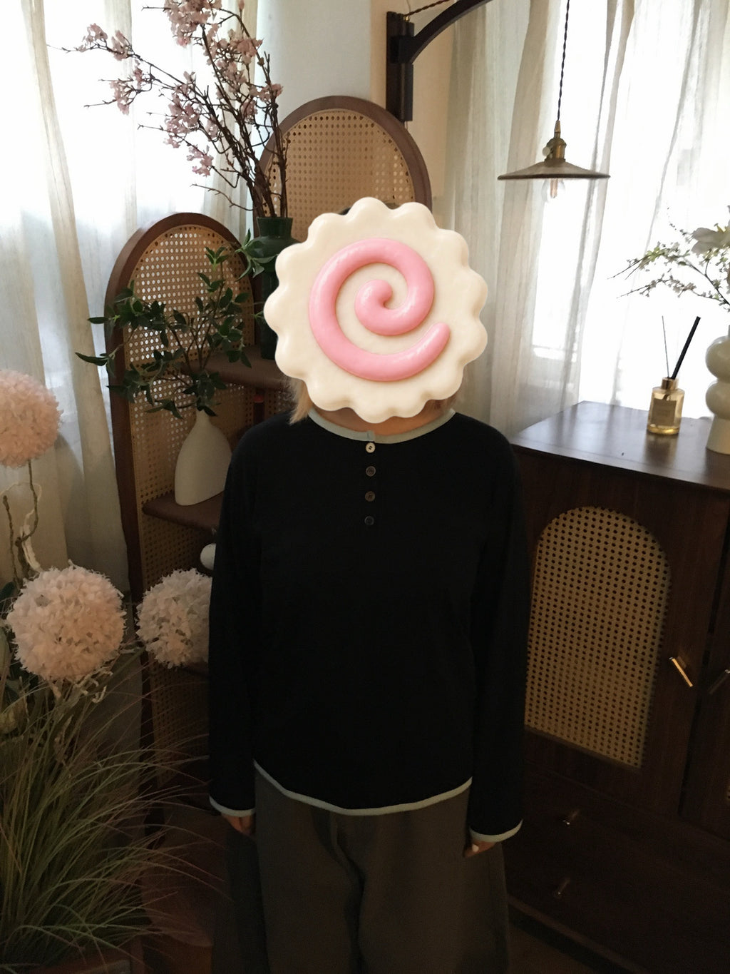 撞色亨利領長袖tee